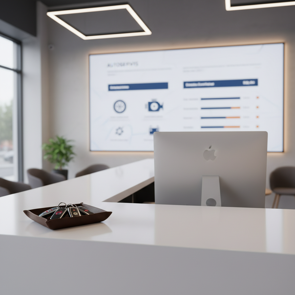 A comfortable, tidy autoservis reception desk without any people, featuring a clean white countertop with a subtle matte finish, a small stack of organized car key fobs on a dark leather tray, and a sleek monitor with a neutral screen. Behind the desk, a wall-mounted display shows a simplified, blurred schematic of car service icons and pricing bands. Soft, warm artificial lighting from overhead panels creates a welcoming glow, balanced by cool daylight from a side window. Photographic realism at eye level with a shallow depth of field keeps the keys and counter in sharp focus while gently softening the background. The mood is calm, professional, and customer-oriented, conveying trust and clear communication.