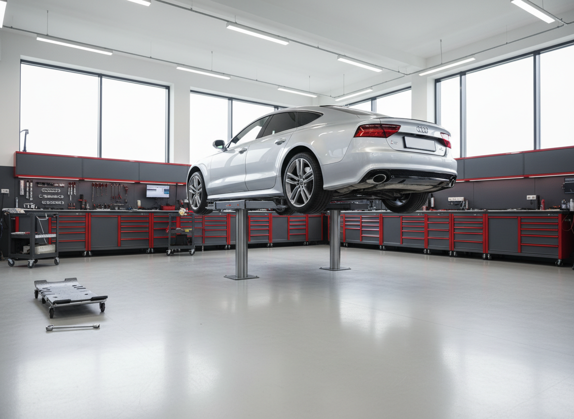 A meticulously organized, modern auto service bay with a glossy silver sedan elevated on a hydraulic lift, its undercarriage clearly visible and clean. The concrete floor is spotless and lightly reflective, framed by neatly arranged tool cabinets in matte dark gray with subtle red accents. Soft, diffused daylight enters through large high windows, creating gentle highlights on the car’s polished bodywork and casting controlled, professional-looking shadows. Photographic realism, shot at eye level with a slightly wide angle to capture the whole bay, sharp focus from foreground to background. The atmosphere feels trustworthy, precise, and professional, emphasizing order and care rather than chaos, ideal for a high-end European-style autoservis.