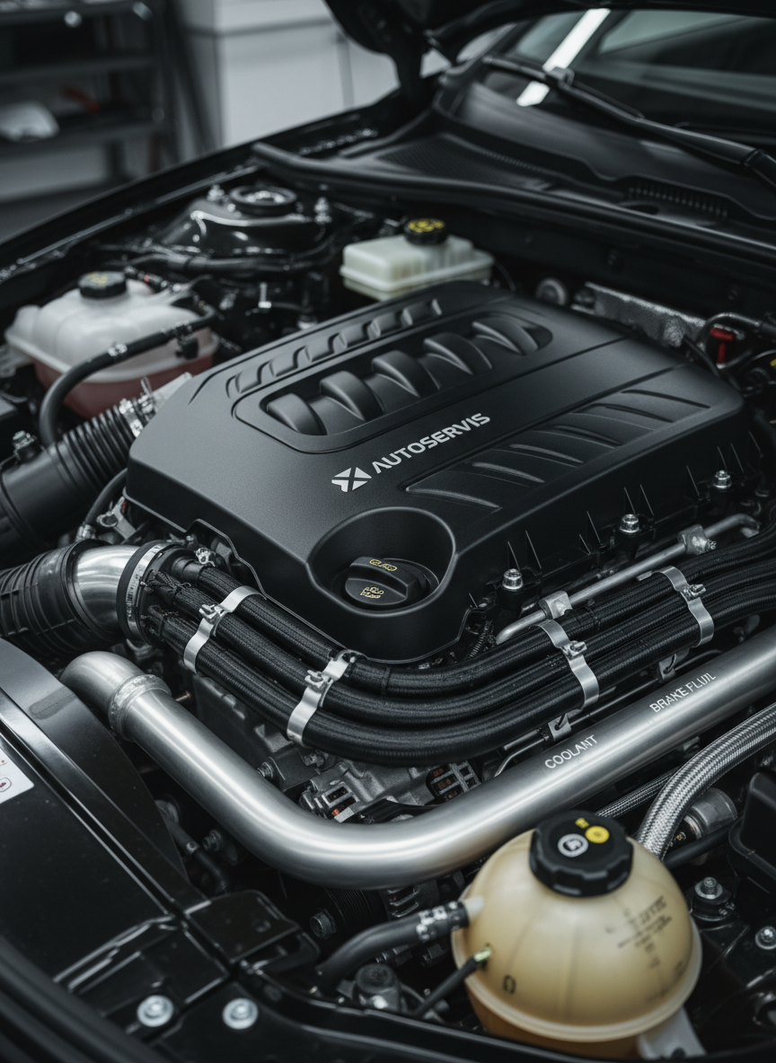 A close-up, photographic realism image of a pristine car engine compartment, featuring a modern black plastic engine cover with subtle branding, surrounded by neatly organized hoses, bright metal components, and clearly labeled fluid reservoirs. Every surface appears clean and well-maintained, with a slight satin sheen on the plastics and polished metal catching the light. Cool, even workshop lighting from above creates minimal shadows and emphasizes clarity and order. Shot from a slightly elevated angle, focusing sharply on the center of the engine with a mild background blur that suggests the surrounding chassis. The mood is technical, precise, and reassuring, highlighting the meticulous care and attention given to every detail in the autoservis.
