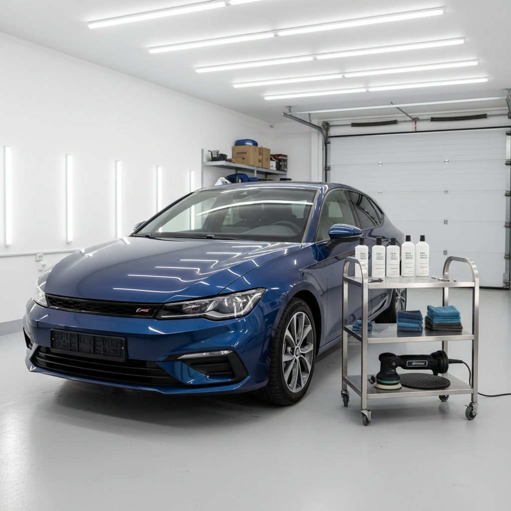 A spotless detailing bay in photographic realism, showcasing a deep metallic blue hatchback parked centrally on a light gray floor with a faint sheen. The car’s paintwork is flawless and highly reflective, with soft linear highlights running along the body panels. On a nearby mobile cart, neatly arranged bottles of professional car care products, microfiber towels folded precisely, and a dual-action polisher resting on a rubber mat. Overhead LED strip lights create even, bright illumination that enhances the gloss of the paint while casting soft, restrained shadows. Shot from a slightly elevated front three-quarter angle with moderate depth of field, the mood is meticulous, fresh, and premium, emphasizing careful cosmetic care and respect for the vehicle.