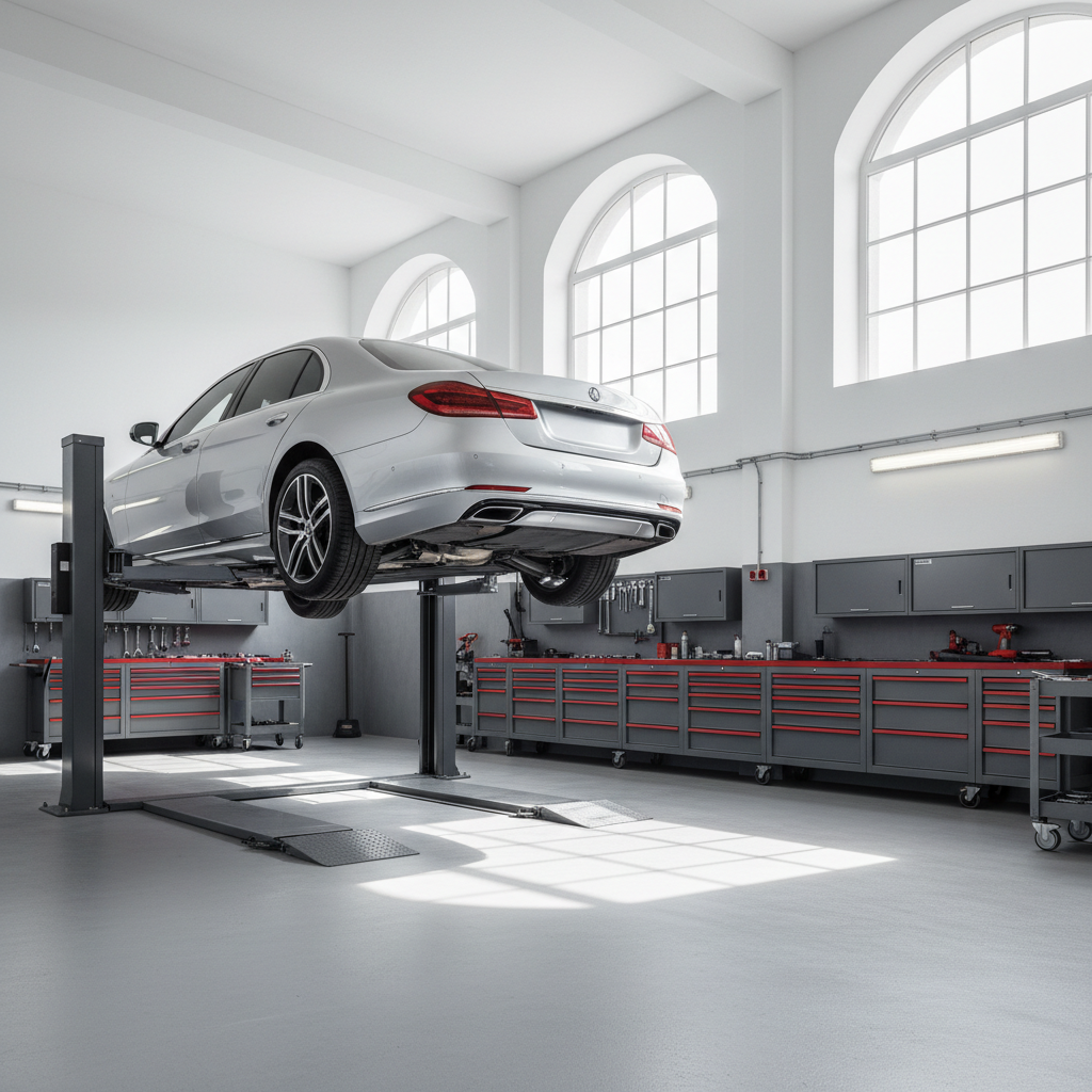 A meticulously organized, modern auto service bay with a glossy silver sedan elevated on a hydraulic lift, its undercarriage clearly visible and clean. The concrete floor is spotless and lightly reflective, framed by neatly arranged tool cabinets in matte dark gray with subtle red accents. Soft, diffused daylight enters through large high windows, creating gentle highlights on the car’s polished bodywork and casting controlled, professional-looking shadows. Photographic realism, shot at eye level with a slightly wide angle to capture the whole bay, sharp focus from foreground to background. The atmosphere feels trustworthy, precise, and professional, emphasizing order and care rather than chaos, ideal for a high-end European-style autoservis.